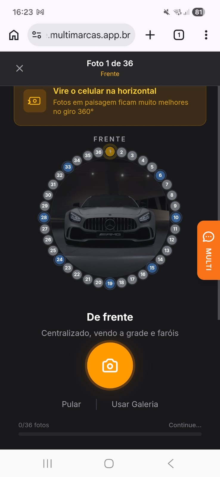 Assistente 360°: posição 1 de 36, vista frontal com roda de posições