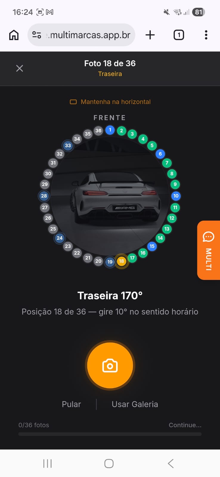 Assistente 360°: posição 18 de 36, metade da roda concluída em verde