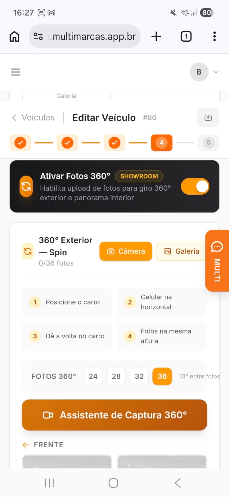 Tela de configuração do 360° com toggle de ativação e opções