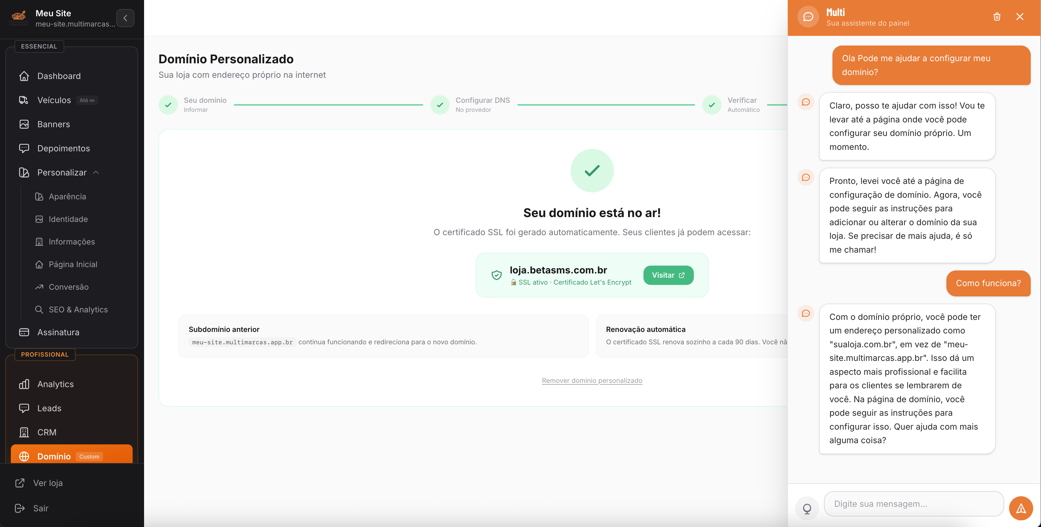 Assistente IA Multi ajudando a configurar domínio personalizado