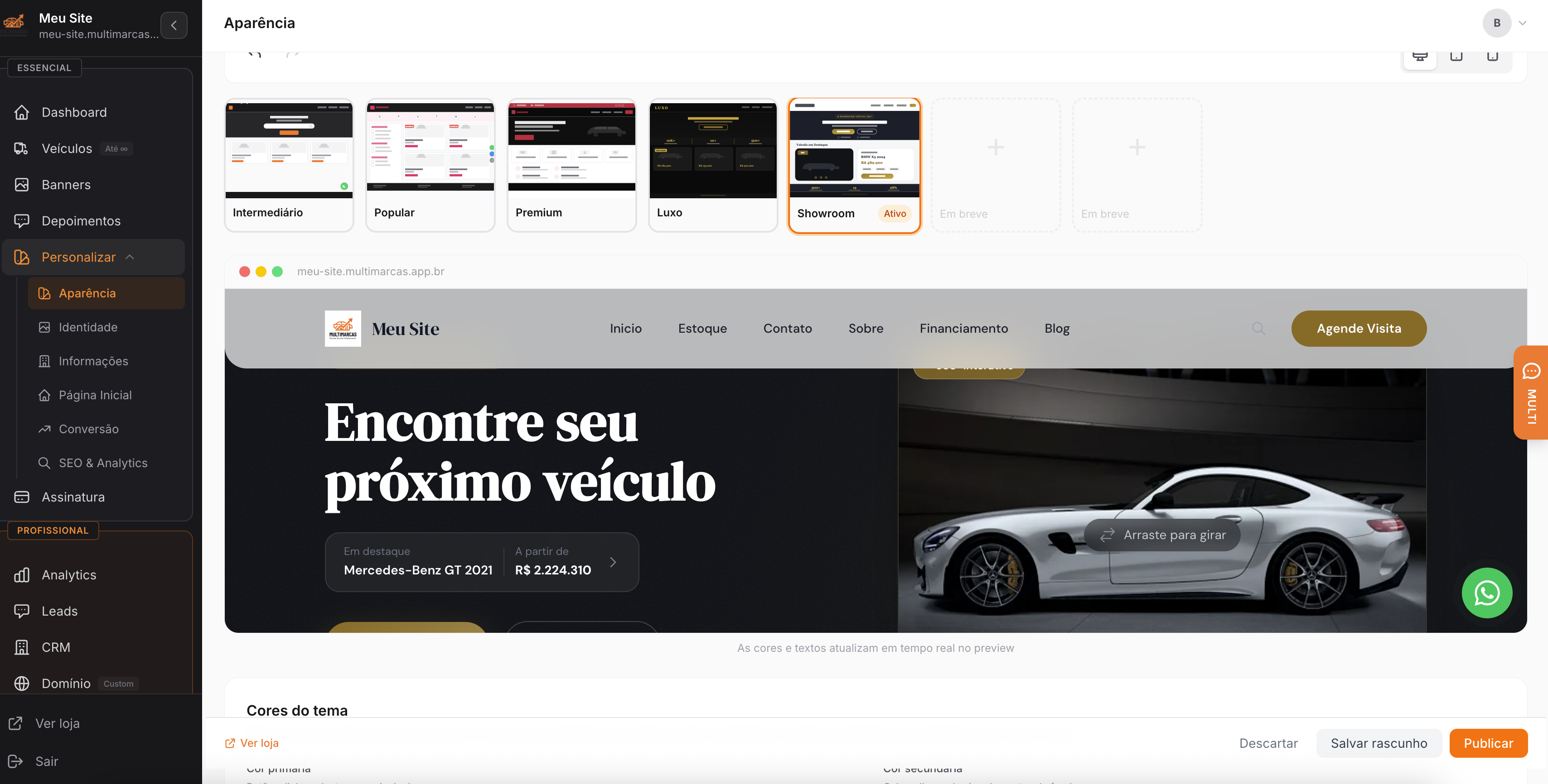 Customizer com seleção de templates, preview ao vivo e cores do tema