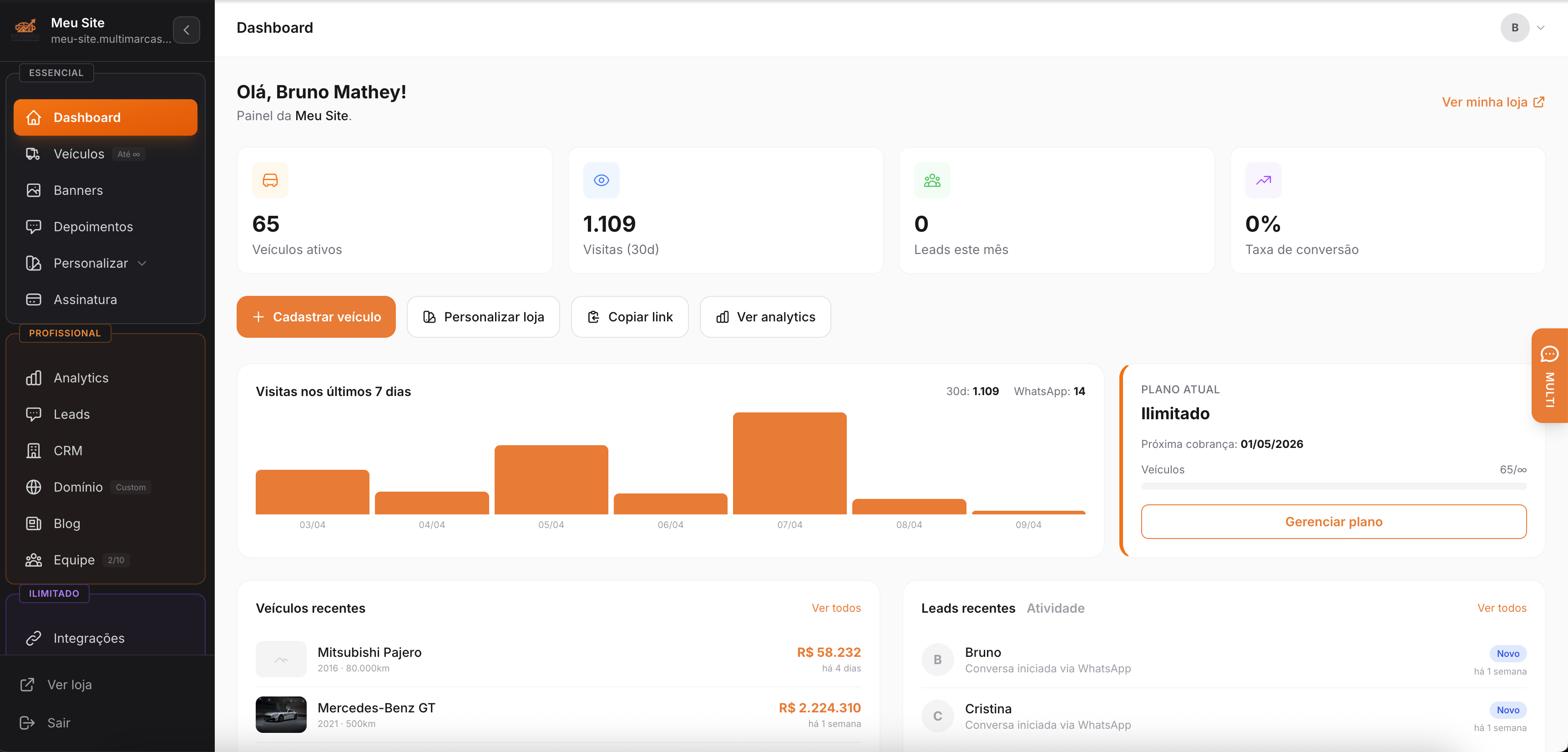 Dashboard do Multimarcas com métricas, gráfico de visitas e leads recentes