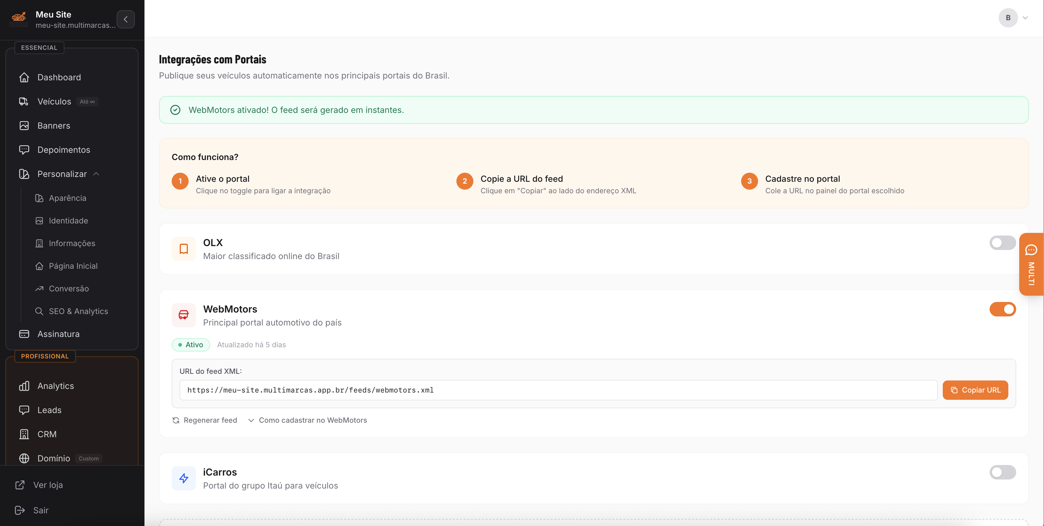 Integração com portais: OLX, WebMotors e iCarros com toggles e feed URL