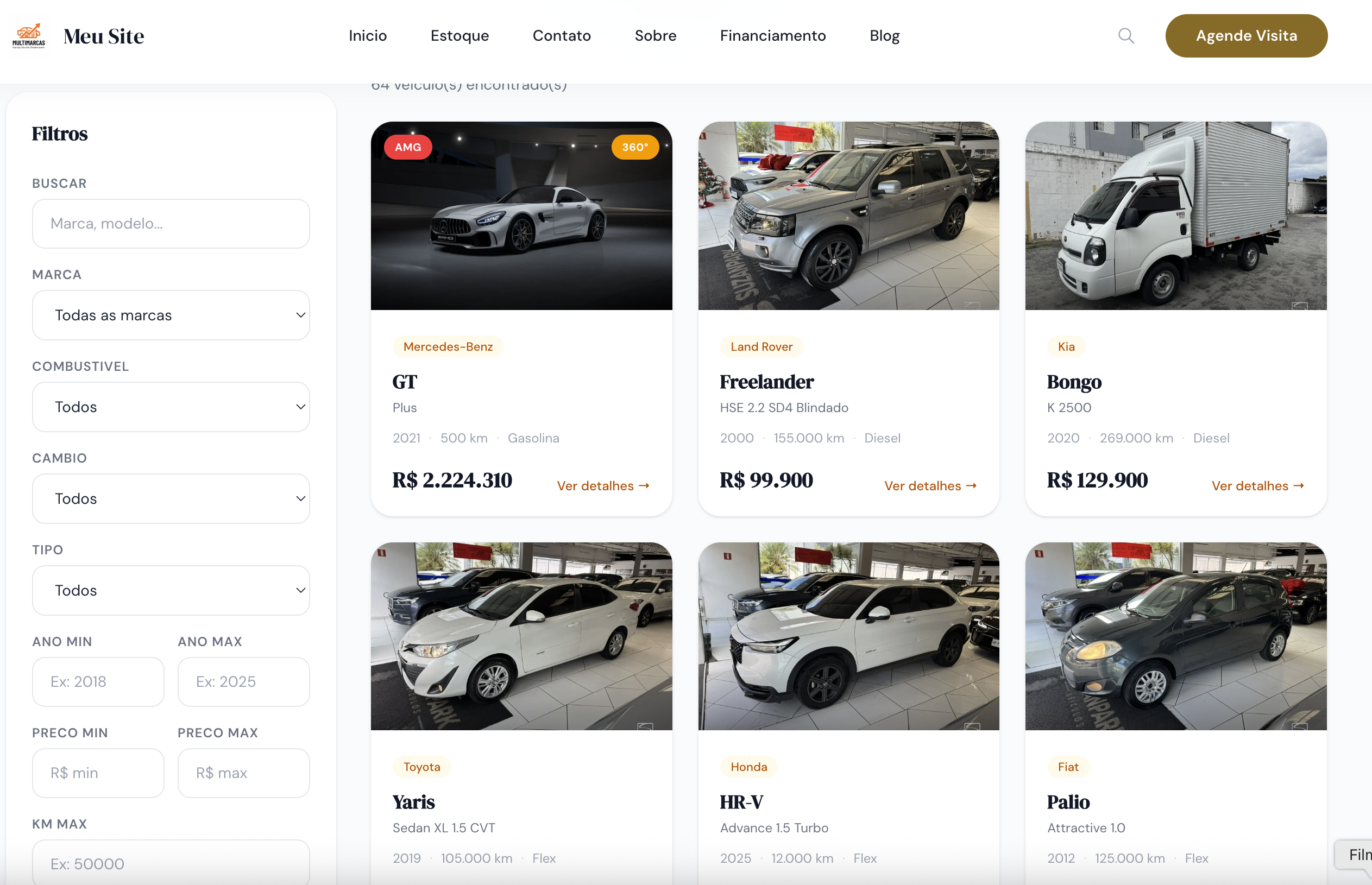 Vitrine com listagem de veículos, filtros laterais e grid de carros