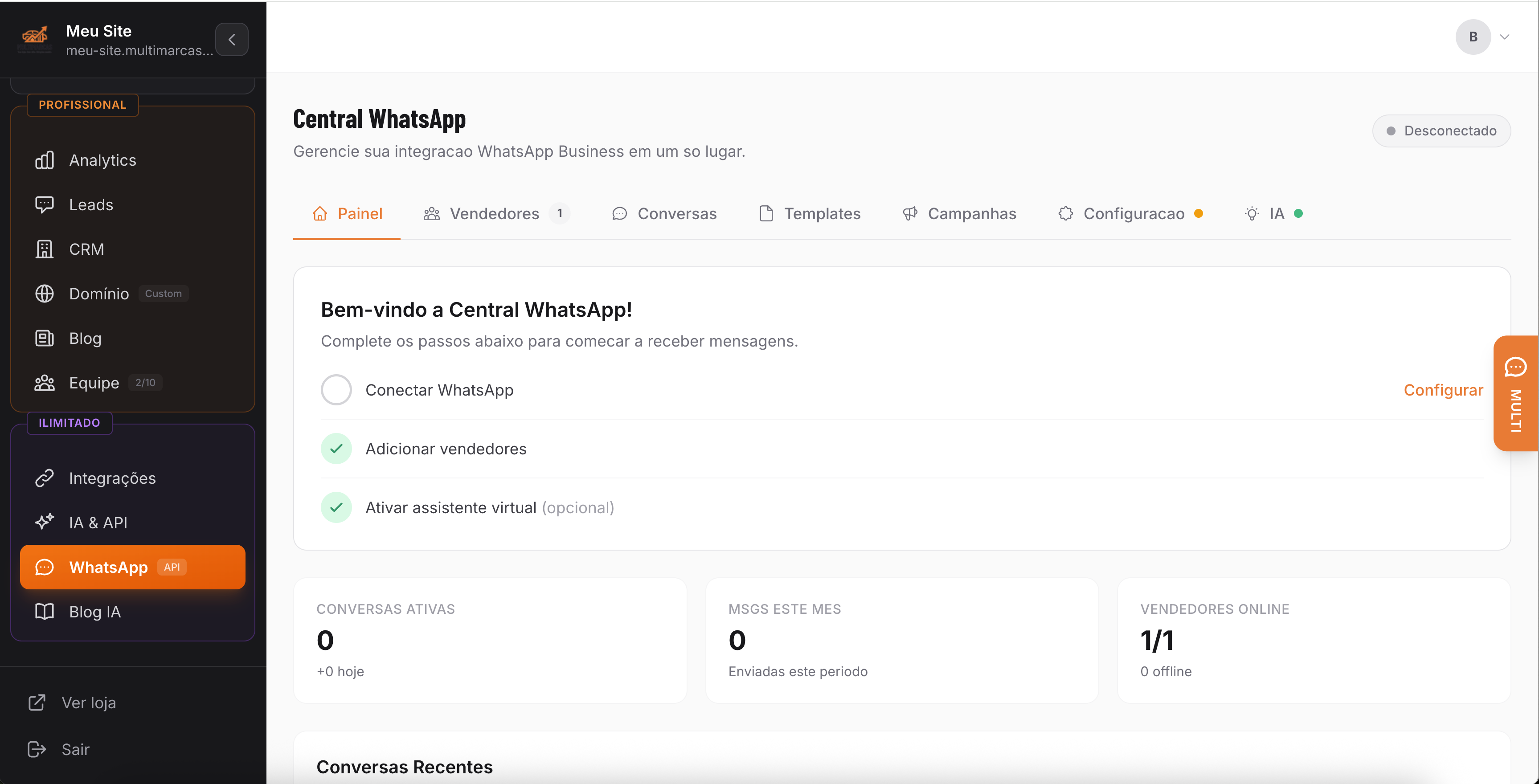Central WhatsApp com configuração, conversas, templates e IA